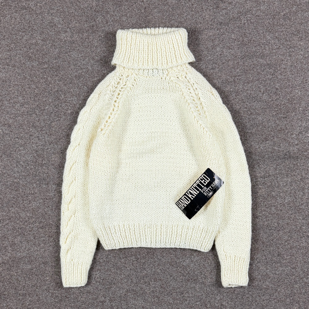 Vintage Hand Knitted Cream Ivory Chunky Cableknit Turtleneck Sweater Women S NWT